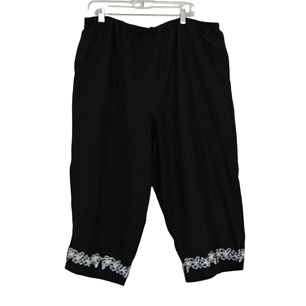 Bridgewater Studio Y2k Black Linen Capri Pants Embroidered Hem Sz 20W EUC